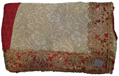 Red & Cream Designer Brasso Hand Embroidery Stone Border Sari Saree