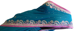 Turquoise Designer Hand Embroidery Pink Contrast Border Saree Sari
