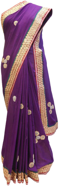 Purple Designer Georgette (Viscos) Hand Embroidery Zari Pearl Thread Work Saree Sari