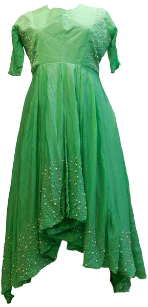 Green Designer Bridal Partywear Crepe (Chinon) Hand Embroidery Stone Pearl Gown Kurti