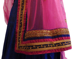 Pink & Blue Designer Bridal Raw Silk Lahenga With Net Dupatta