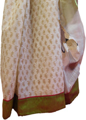 White Designer Pure Cotton Thread Embroidery Printed With Green Border Sari Saree
