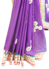 Purple Designer Georgette (Viscos) Hand Embroidery Zari Pearl Thread Work Saree Sari