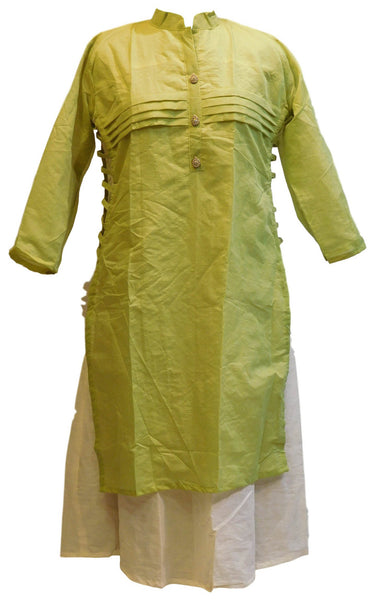 Mehndi Green & White Designer Cotton (Chanderi) Kurti With Attached Skirt