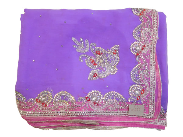 Purple Designer Hand Embroidery Pink Contrast Border Saree Sari