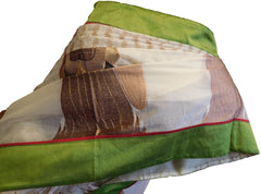 White Designer Pure Cotton Thread Embroidery Printed With Green Border Sari Saree