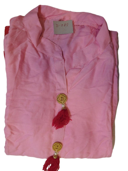 Baby Pink Designer Cotton (Rayon) Solid Colour Kurti Kurta With Red Pipin