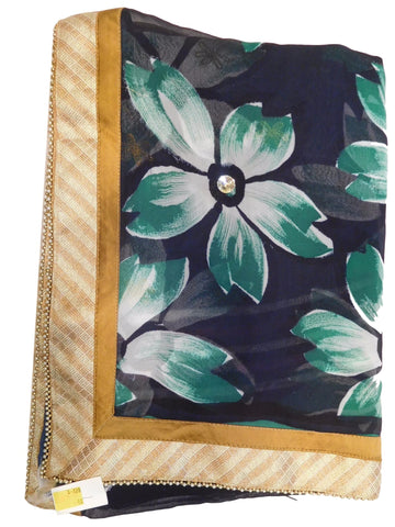 Green & Blue Designer Georgette (Viscos) Thread Embriodery Work Hand Brush Printed Stylish Saree