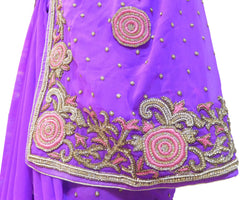Violet Designer Georgette Hand Embroidery Thread Stone Pearl Cutdana Work Saree Sari