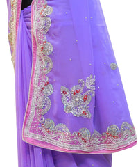 Purple Designer Hand Embroidery Pink Contrast Border Saree Sari