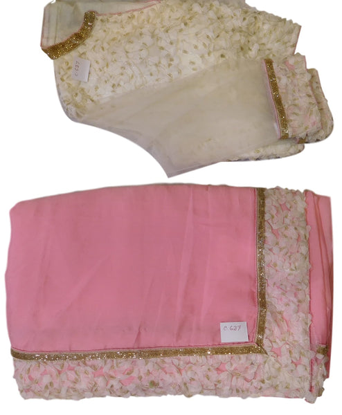Pink Designer Crepe (Chinon) Hand Embroidery Cutdana Sequence Thread Stone Work Saree Sari With Stylsih Stitched Satin Blouse