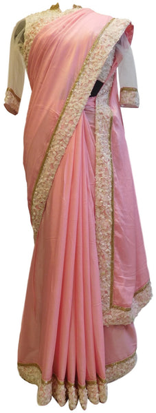 Pink Designer Crepe (Chinon) Hand Embroidery Cutdana Sequence Thread Stone Work Saree Sari With Stylsih Stitched Satin Blouse