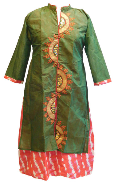 Green Designer Cotton (Chanderi) Gota Work Kurti With Attached Skirt