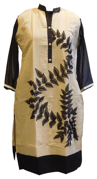 Cream & Black Designer Cotton (Chanderi) Kurti With Georgette Sleeves