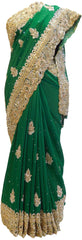 The Show Stopper Green Designer Bridal Georgette Hand Embroidery Work Saree Sari