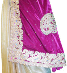 Wine & Cream Designer Velvet & Lycra Hand Embroidery Stone Border Sari Saree