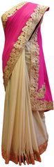Pink & Cream Designer Georgette Thread Embroidery Sari Saree