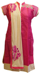 Pink Designer Cotton (Chanderi) Kurti With Beige Chiffon Dupatta