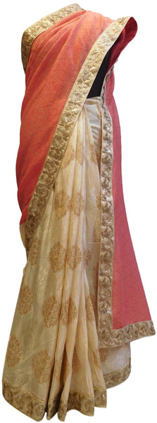 Gajari & Cream Designer Chiffon & Pure Banarasi Silk Hand Embroidery Zari Sequence Work Half Half Saree Sari