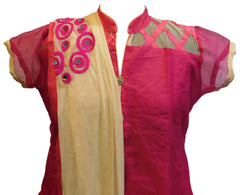 Pink Designer Cotton (Chanderi) Kurti With Beige Chiffon Dupatta