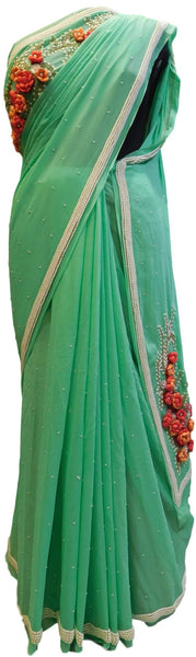 Green Designer Bridal Georgette Sari Hand Embroidery Work Saree