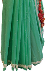 Green Designer Bridal Georgette Sari Hand Embroidery Work Saree