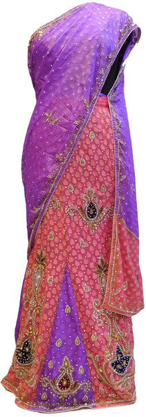 Purple & Pink Designer Bridal Georgette Lahenga Style Hand Embroidery Work Saree Sari