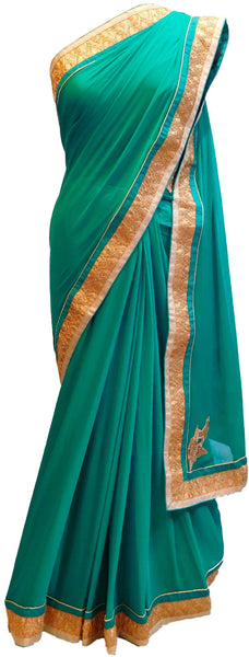 Turquoise Designer Chiffon Hand Embroidery Work Saree Sari