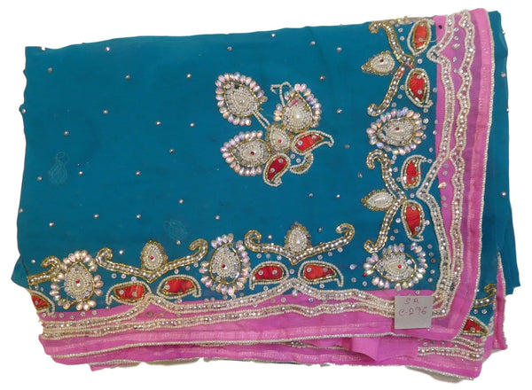 Turquoise Designer Hand Embroidery Pink Contrast Border Saree Sari