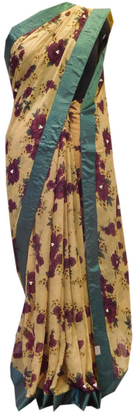 Yellow Designer Georgette (Viscos) Hand Embroidery Pearl Work Sari Saree 631S