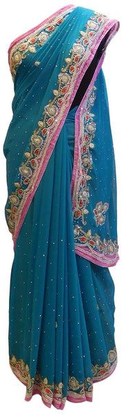 Turquoise Designer Hand Embroidery Pink Contrast Border Saree Sari