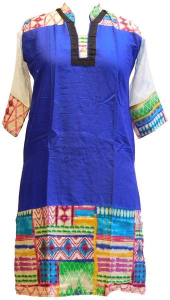 Blue, Black & White Designer Cotton (Chanderi) Printed Kurti