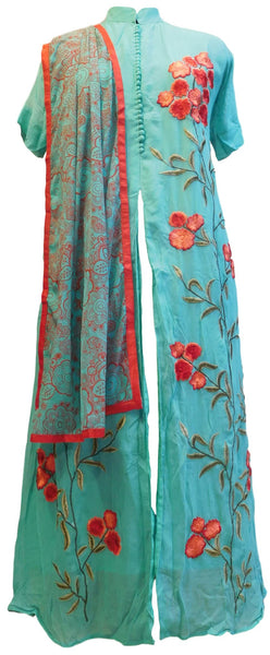 Turquoise Designer Georgette (Viscos) Embroidery Thread Work Kurti Kurta With Printed Chiffon Dupatta
