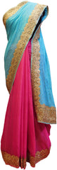 Pink & Turquoise Designer Georgette Thread Embroidery Sari Saree