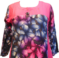 Pink & Black Designer Cotton (Rayon) Floral Printed Kurti Kurta