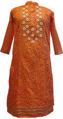 Orange Designer Cotton (Chanderi) Hand Embroidery Gota Pearl Work Kurti Kurta