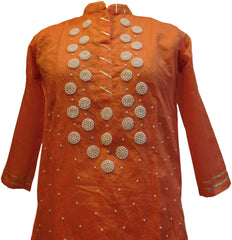 Orange Designer Cotton (Chanderi) Hand Embroidery Gota Pearl Work Kurti Kurta
