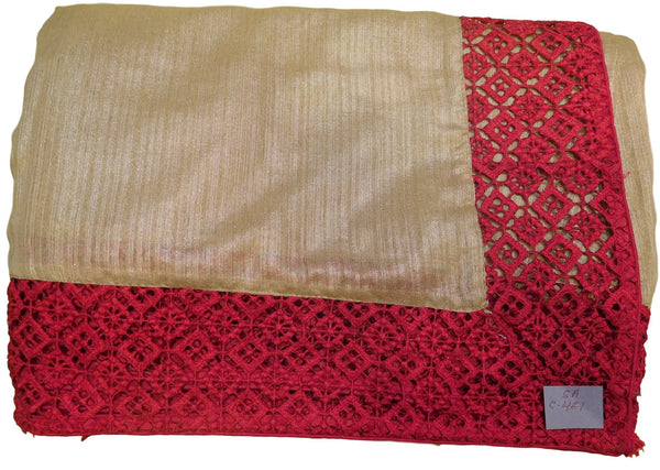 Cream Designer Georgette Sari With Red Border Zari Thread Embroidery Work Saree