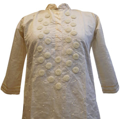 Cream Designer Cotton (Chanderi) Hand Embroidery Gota Pearl Work Kurti Kurta