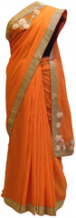 Orange Designer Georgette (Viscos) Hand Embroidery Work Zari Stone Cutdana Pearl Sequence Thread Saree Sari SAC110