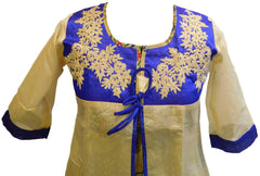 Cream & Blue Designer Cotton (Chanderi) Kurti