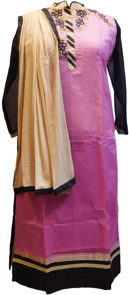 Pink & Black Designer Cotton (Chanderi) Kurti With Chiffon Dupatta