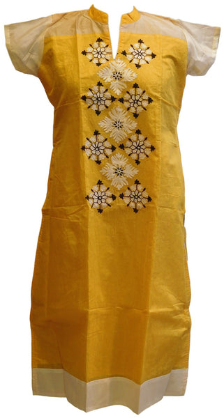 Yellow & White Designer Cotton (Chanderi) Kurti