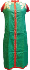 Turquoise & Red Designer Cotton (Chanderi) Kurti