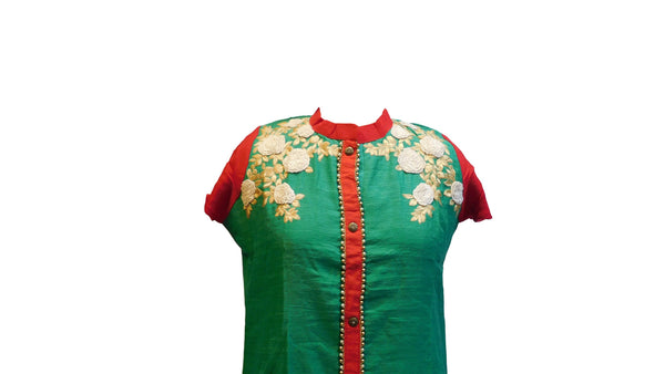 Turquoise & Red Designer Cotton (Chanderi) Kurti