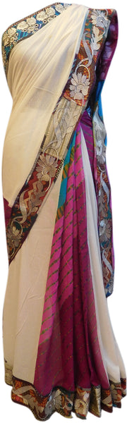 White & Wine Designer Pure Georgette Hand Embroidery Work Printed Saree Sari