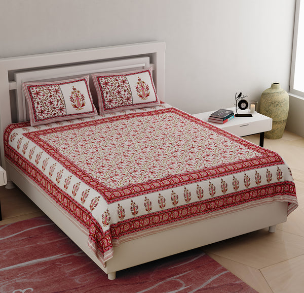 Off White & Red Pure Cotton Double Bed Ethnic Jaipuri Printed Bedsheet