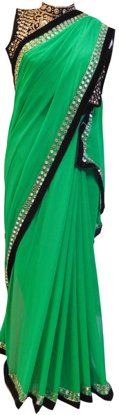 Green Designer Wedding Bridal Georgette (Viscos) Cutdana Stone Mirror Hand Embroidery Work Saree Sari WIth Heavy Blouse