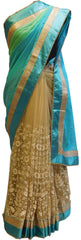 Turquoise & Cream Designer Georgette & Net Party Wear Hand Embroidery Zari Stone Sequence Dabka Thread Work Saree Sari