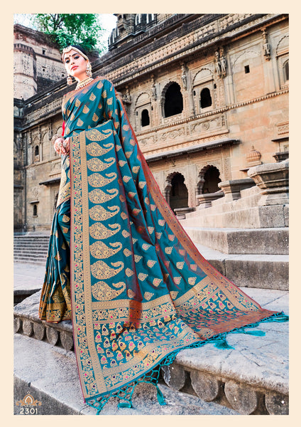 Turquoise Blue Jacquard Silk Heavy Work Designer Banarasi Saree Sari